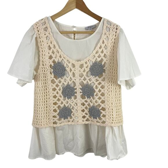 Polagram Short Sleeve Top Cream Crochet Vest Women Size Large - Picture 1 of 9